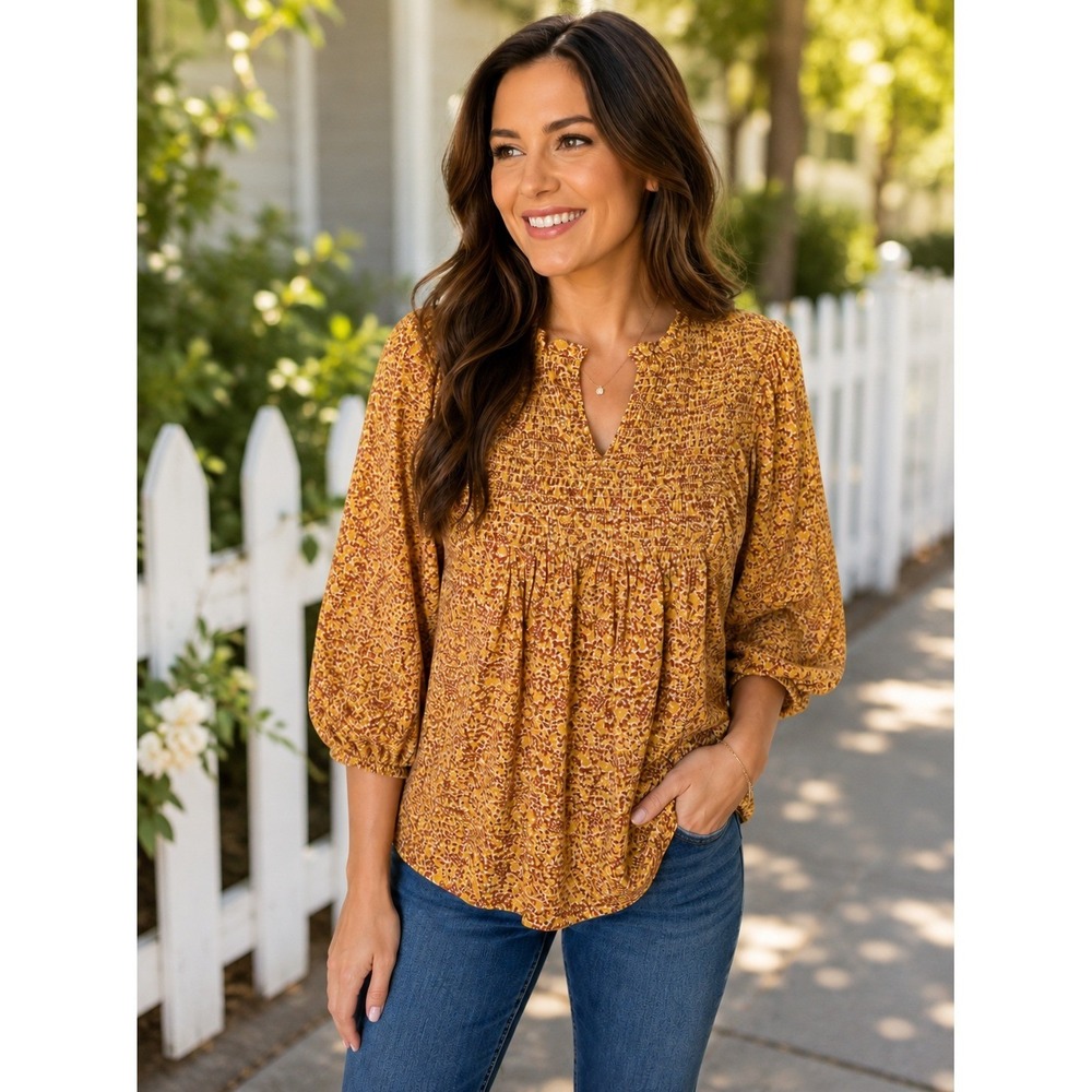 Universal Thread Mustard Floral Smocked Peasant Blouse M Boho Cottage Romantic